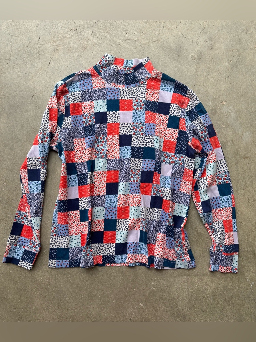 Y2K Lands' End M Cotton Patchwork Floral Mock Neck Turtleneck Top Red Blue 10-12